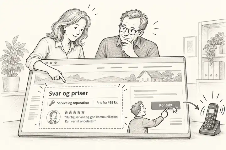 To personer peger på et felt med svar og priser på en hjemmeside, hvor et hul er lukket, og kunden ringer