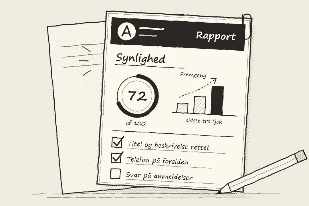 Tegning af en rapport med logo, en score på 72 af 100, en søjle over fremgangen og en tjekliste